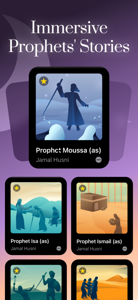 Wahha - Quran Stories - Screenshot of the Wahha app showing a gallery of immersive sleep stories about Islamic Prophets like Moussa and Isa