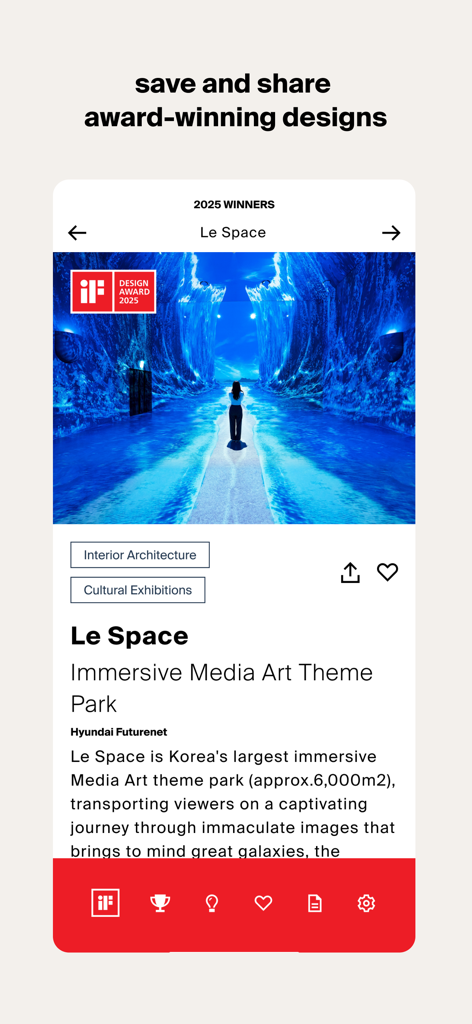 Screenshot of the iF Daily Design app showing an award-winning immersive media art project titled Le Space by Hyundai Futurenet with options to save and share.
