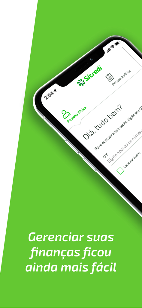 Pantalla de inicio de sesión de la aplicación bancaria Sicredi que muestra opciones para cuentas individuales y comerciales.
