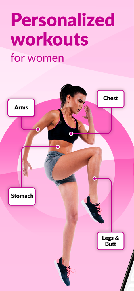 FitHer app interface showing personalized fitness workouts for women targeting specific body areas like stomach and legs