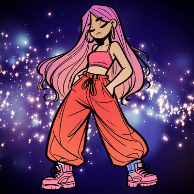 girl in baggy pants crop top and long hair