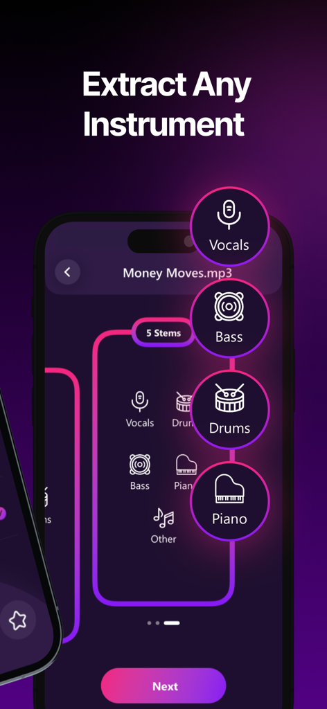 Vocal Remover: Music Separator - Mobile app interface showing the extraction of music stems like vocals bass drums and piano from a song