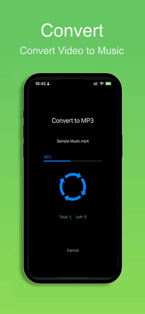 Any MP3 Player - Offline Music - Any MP3 Player app screen showing the video to MP3 conversion progress
