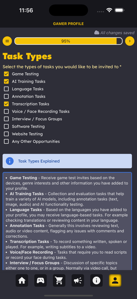 Game Tester App - Schermata del profilo del giocatore nell'app Game Tester che mostra vari tipi di attività da selezionare, come test di gioco e addestramento AI.
