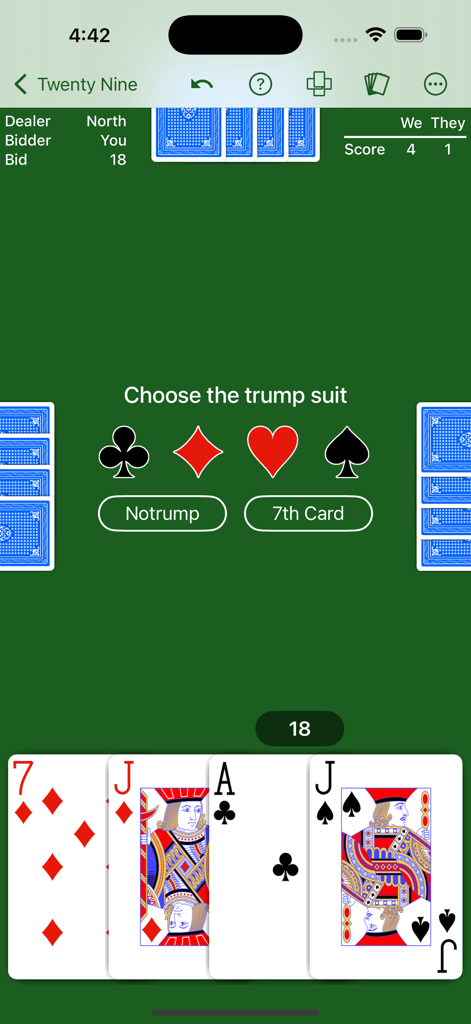 Una pantalla de juego de 29 Card Game mostrando el menú de selección de palo de triunfo con opciones para tréboles diamantes corazones picas sin triunfo y séptima carta