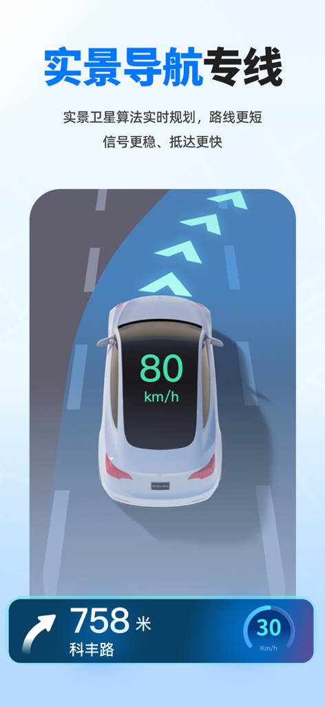 实时导航卫星-3D高清地图 - A 3D navigation app display showing a car with lane guidance arrows and speed tracking