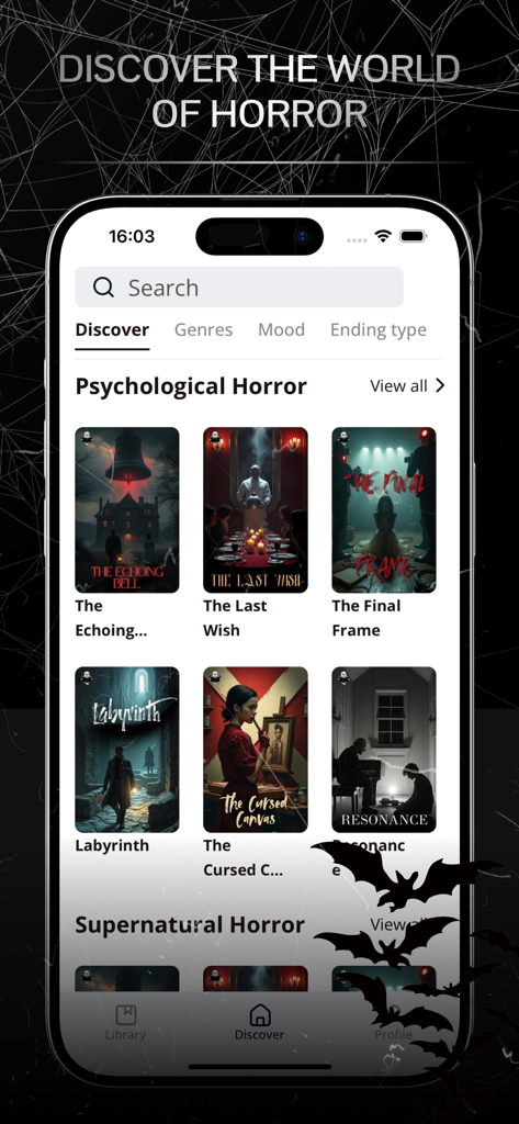 Horror Stories Library - Captura de tela da página Descobrir no aplicativo Biblioteca de Histórias de Terror exibindo capas de livros para histórias de terror psicológico e sobrenatural.