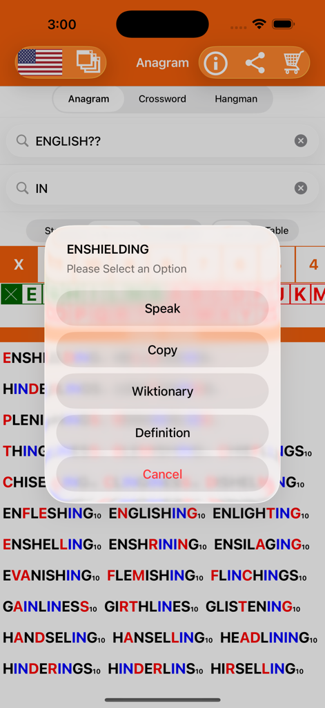 Anagram Solver: Crossword Find - Anagram Solver app displaying search results and a pop-up menu for word definitions.