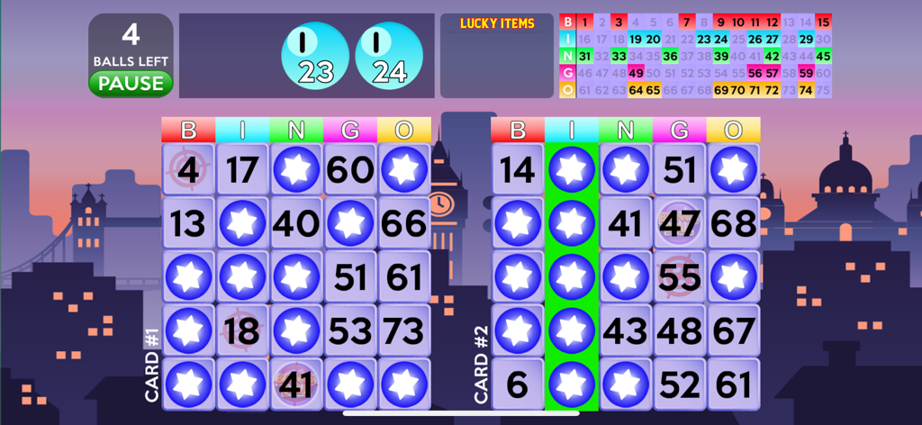 Bingo Deluxe - Gameplay screen of Bingo Deluxe featuring two bingo cards with large numbers and a London city skyline background.