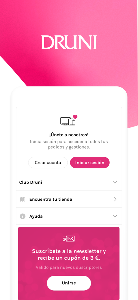 Page de connexion de l'application mobile Druni avec des boutons de compte et une promotion de newsletter