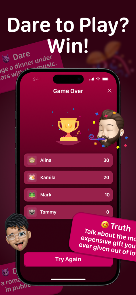 Spicy Truth or Dare 18 Game - A game over screen from the Spicy Truth or Dare app showing a leaderboard with player scores and a gold trophy