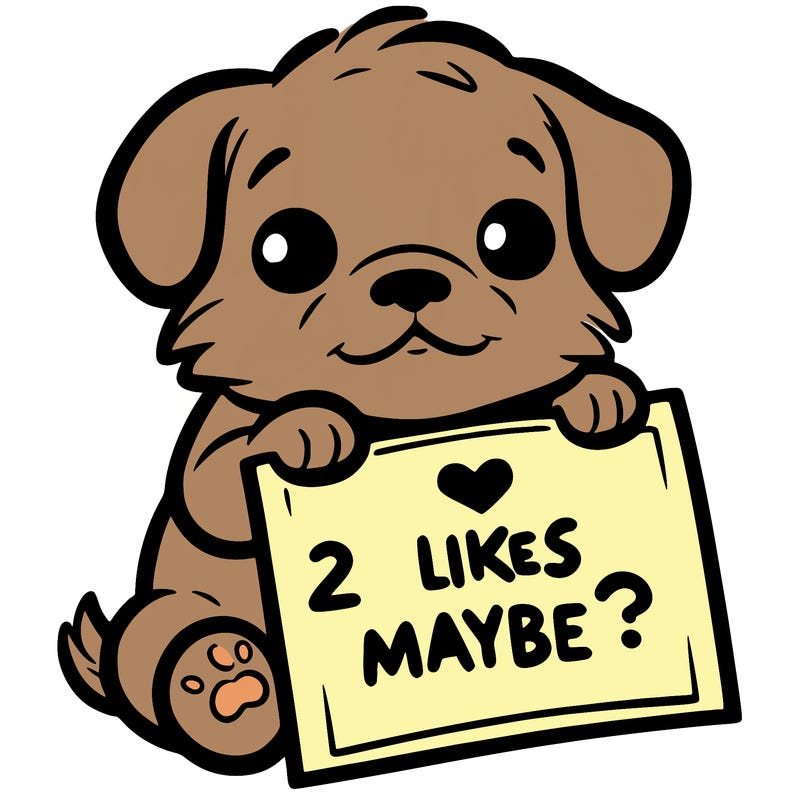 a puppy holding a sign that says 2 likes maybe?