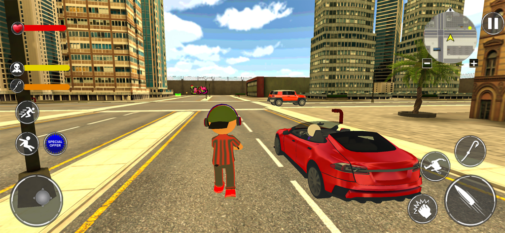 Stickman character standing in a city street next to a red sports car in an open world game.