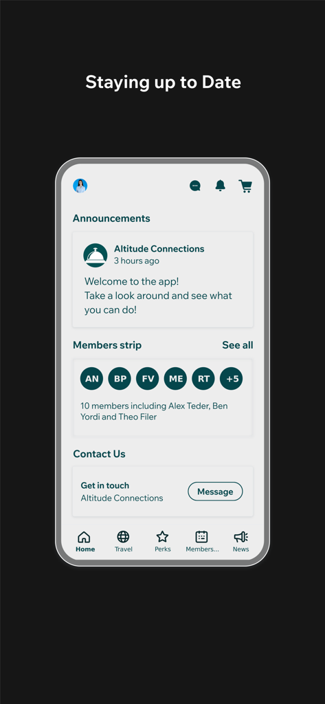 Altitude Connections - Altitude Connections app home screen displaying announcements and member updates