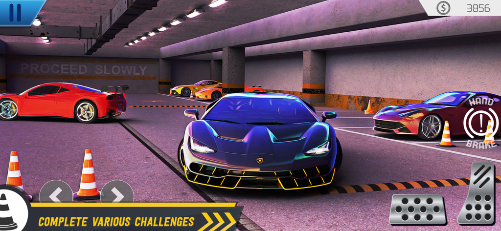 Multistory: Car Parking Sim 3D - Coches deportivos modernos aparcados en una simulación de garaje de varios pisos con controles de juego