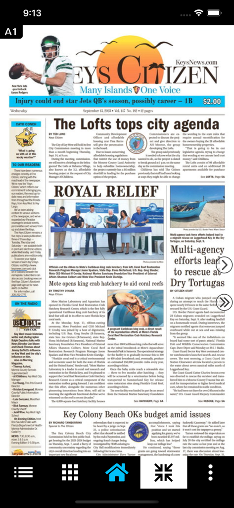 Keys Citizen - Digital replica of the Keys Citizen newspaper front page showing local news articles and images on a mobile device