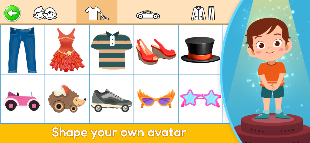 Voca Tooki - Learn English - Avatar customization interface in Voca Tooki app showing clothing and accessory options for a child character.