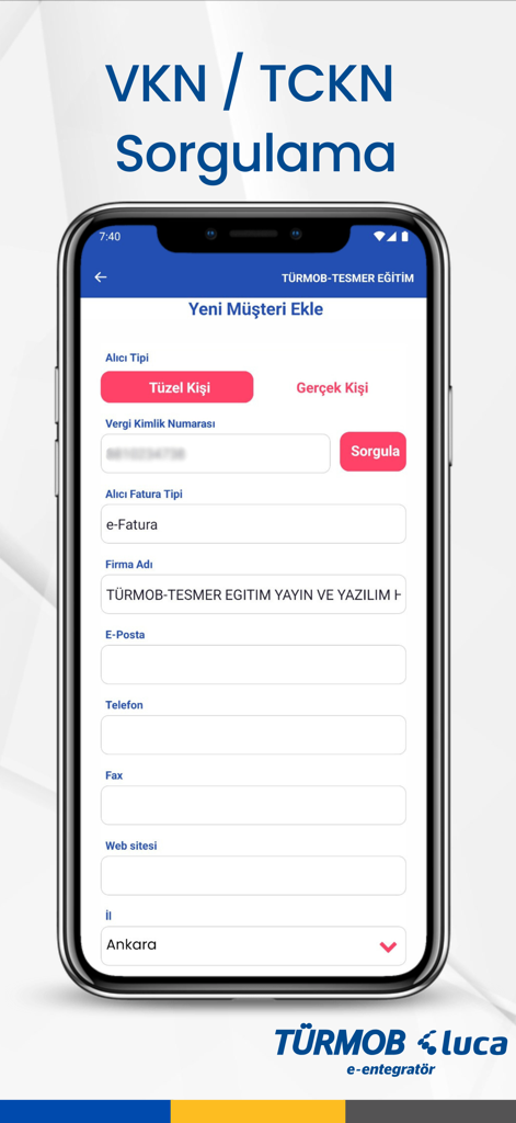 TÜRMOB Luca e-Entegratör - Interface of the Luca e-Entegrator app for adding a new customer and querying tax identification numbers