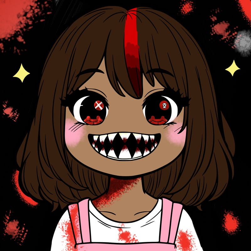 it is a girl smiling with sharp teeth