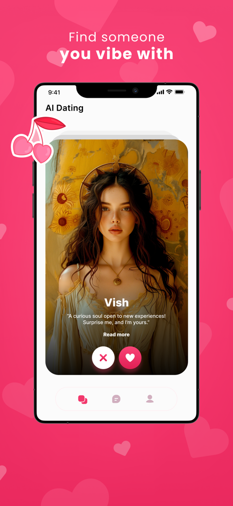 AI Dating: Character AI - Tela do aplicativo móvel AI Dating mostrando um perfil de personagem chamado Vish com botões de curtir e não curtir em um fundo de coração rosa.
