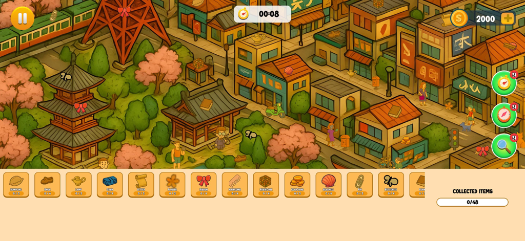 A gameplay screenshot of a hidden object game showing a vibrant Japanese city scene with a list of items to find at the bottom