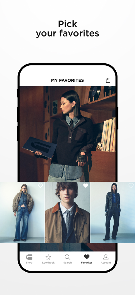 Un écran mobile de l'application G-Star intitulé Mes Favoris montrant une galerie de mannequins de mode denim