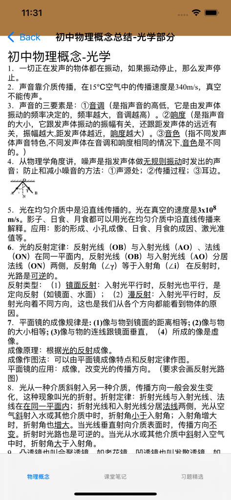 Apuntes de clase de física de secundaria y conceptos de óptica en chino.