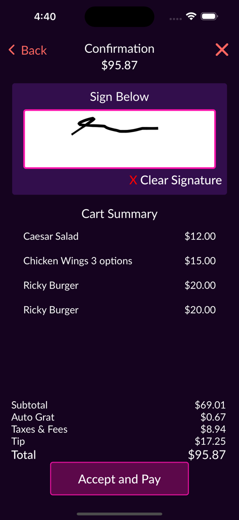 Beachy F&B - Tela de confirmação de pedido do aplicativo Beachy F&B mostrando um resumo do carrinho, caixa de assinatura digital e totais de pagamento