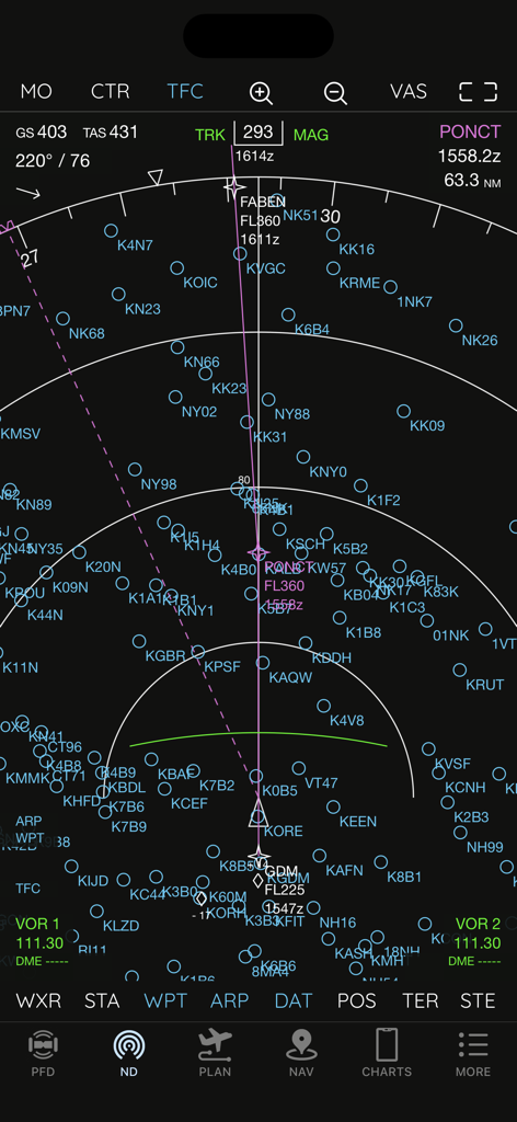 AirTrack NG navigation display featuring Boeing style instruments and waypoints