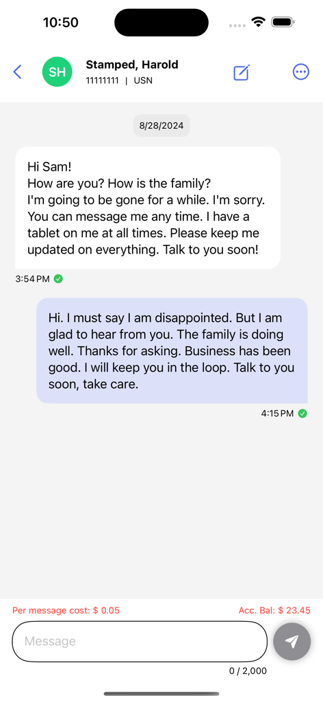 A messaging screen within the CorrLinks Text Chat app showing a chat with an incarcerated individual