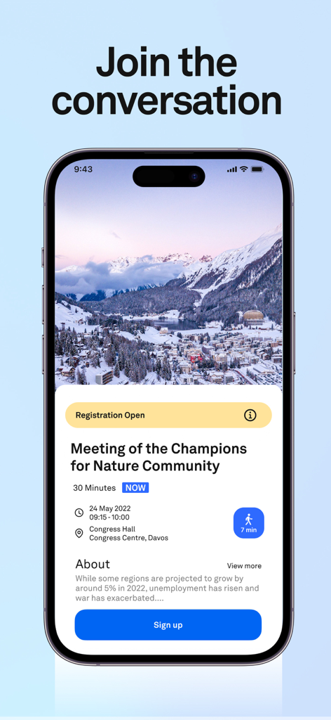 Forum Live - Forum Live app interface showing event details for a World Economic Forum meeting in Davos.