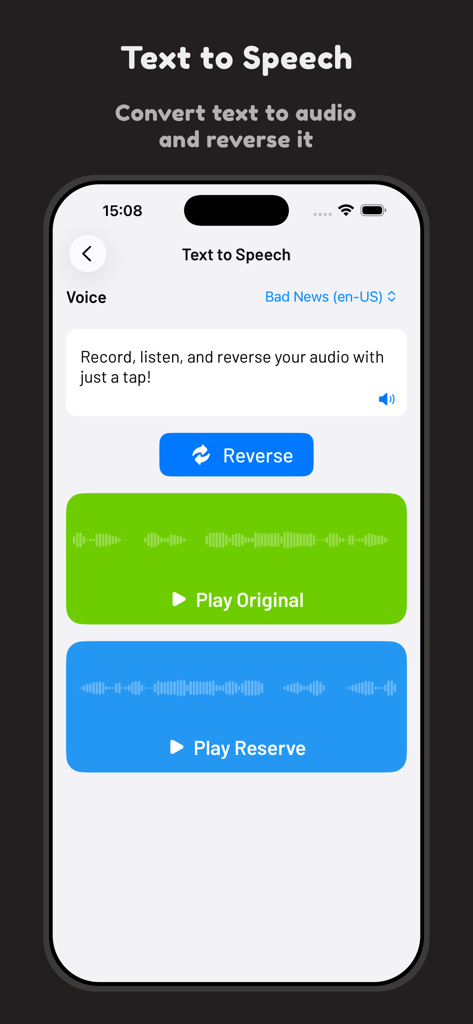 Audio Reverse - A interface do aplicativo Áudio Reverso mostrando a ferramenta Texto para Voz com recursos visuais de forma de onda para áudio original e invertido.