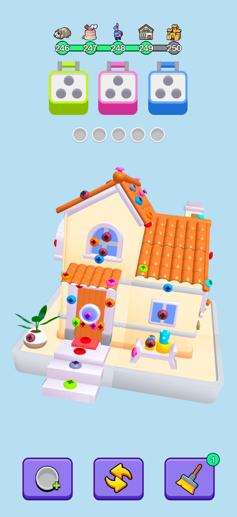 A 3D house covered in colorful screws with sorting bins in the Screw Guru mobile game