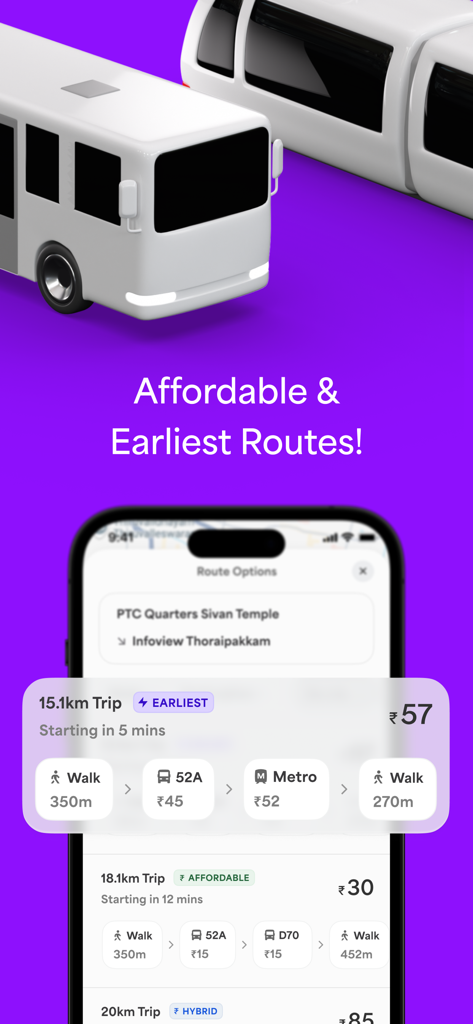 Chennai One - Chennai One app interface showing affordable and early public transit route options with bus and metro combinations.