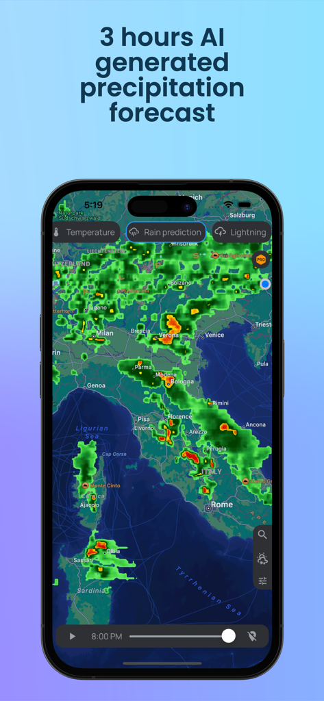 Rain Radar App - Rain Radar App displaying a three hour AI generated precipitation forecast on a map of Italy