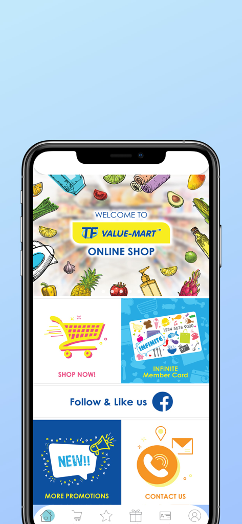 TF Value-Mart - TF Value-Martモバイルアプリのホーム画面。ショッピングや会員特典セクションが表示されています。