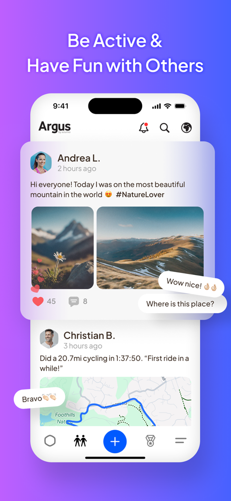 Feed de la comunidad social en la aplicación Argus que muestra actividades y fotos de fitness compartidas.