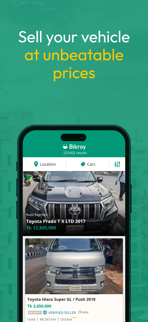 Bikroy - Everything Sells - Mobile interface of Bikroy app showing used car advertisements in Bangladesh with prices in Taka