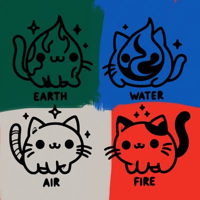 4 cats that represent the different elements, earth, water, air, and fire