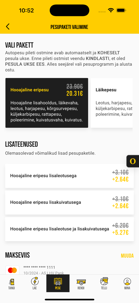Olerex app interface for choosing car wash packages and services