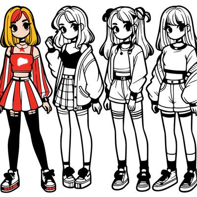 one girl with crop-top shirt and a jacket with a skirt, long socks and another girl with a shirt and pants with a jacket