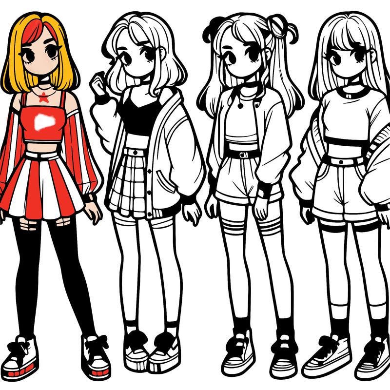 one girl with crop-top shirt and a jacket with a skirt, long socks and another girl with a shirt and pants with a jacket