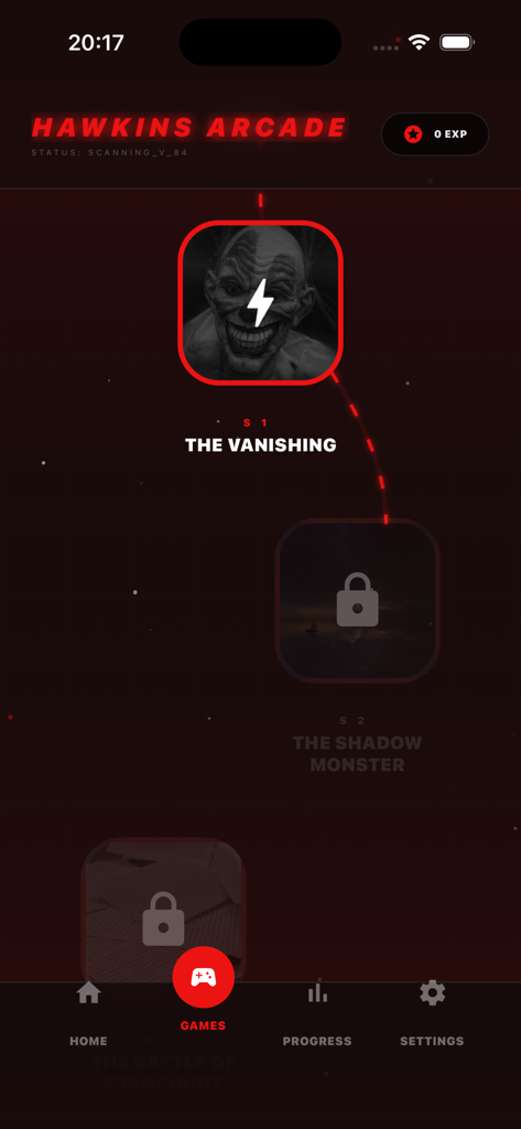 Stranger Things Quiz & Trivia - Hawkins Arcade-Spielauswahlbildschirm, der die erste Stufe mit dem Titel The Vanishing und mehrere gesperrte Stufen zeigt.