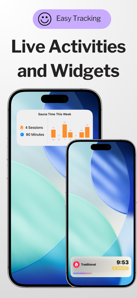 Sauna & Cold Plunge Tracker - iPhone che mostra widget di tracciamento della sauna e dati di sessione in tempo reale