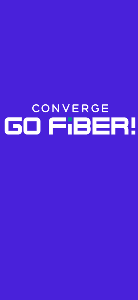 Pantalla de inicio de la aplicación móvil Converge GoFiber sobre un fondo morado
