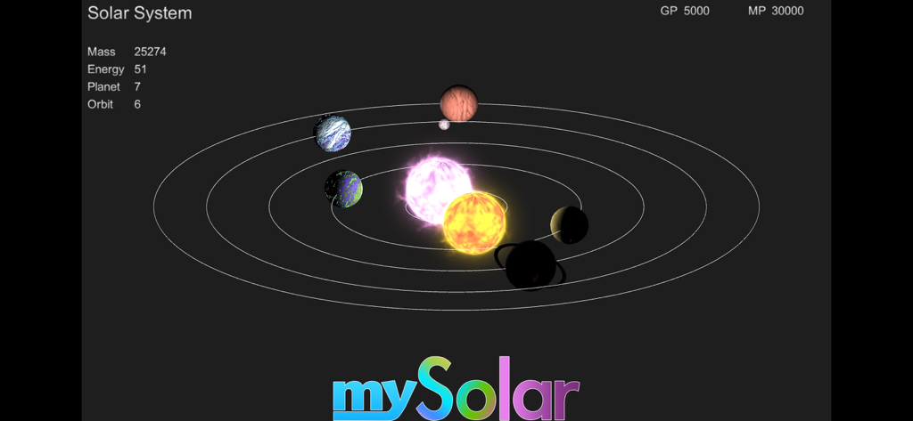 Une capture d'écran de l'application mySolar montrant diverses planètes en orbite autour d'un soleil central dans un système solaire personnalisé.