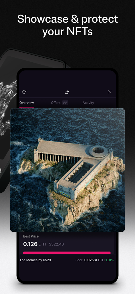Mobile screen of Ledger Wallet app showing the NFT showcase feature with digital art