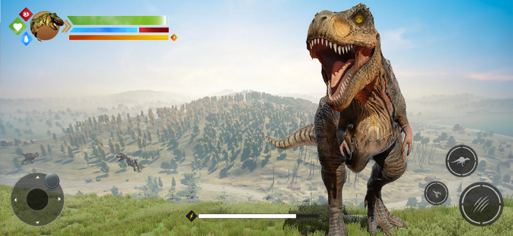 Jurrassic Dinosaur Simulator - Un T-Rex rugiendo en un paisaje prehistórico en 3D con controles de juego móvil