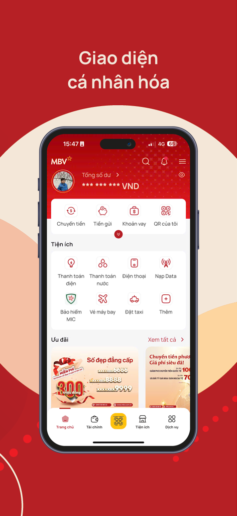 MBV Bank mobile app home screen showing personalized interface and utility payment options in Vietnamese