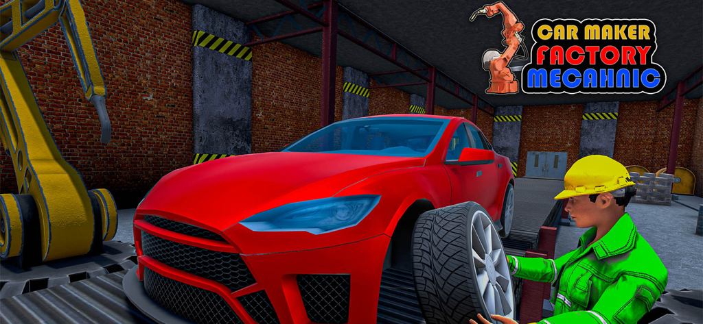 Car Maker Factory Mechanic - Mechanic building a red sports car in a factory simulation game